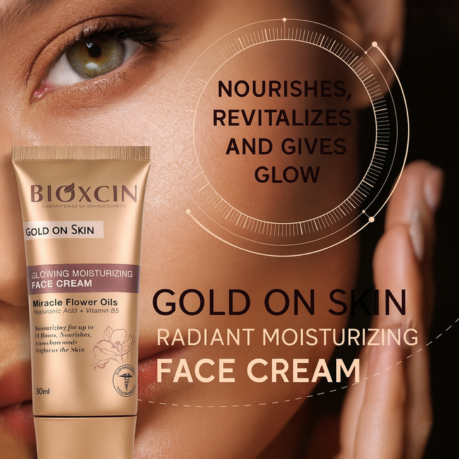 كرم مرطوب كننده و براق كننده لومی گلوشن بيوكسين ‌‌‌Bioxcin مدل Gold On Skin حجم 50 ميل